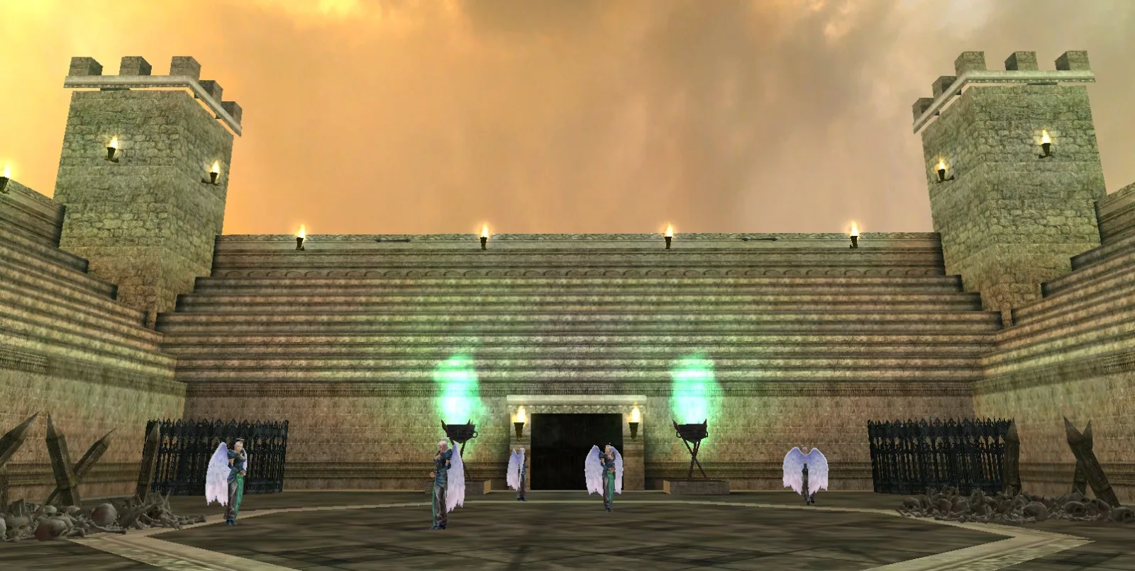 A winged boss in the Solo Arena between green torches.