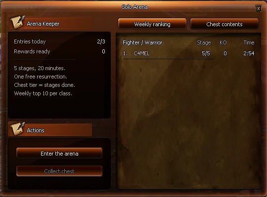 Justice Online Arena Keeper window with entries, actions and the weekly class ranking