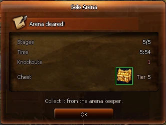 Solo Arena result screen: 5 of 5 stages, time, knockouts and a tier 5 chest