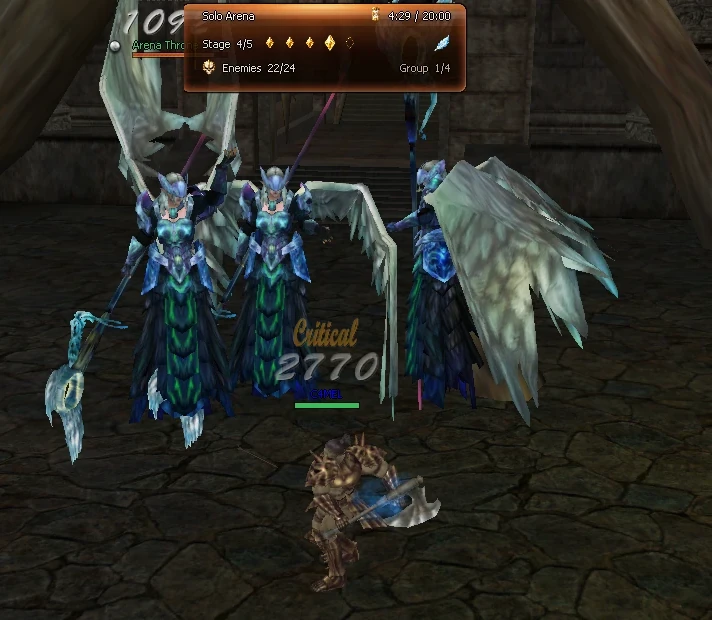 Solo Arena run panel showing the timer, stage 4 of 5, enemies left and the current group