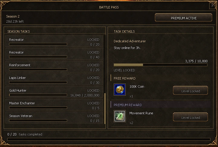 Justice Online Battle Pass showing seasonal tasks and Free and Premium rewards