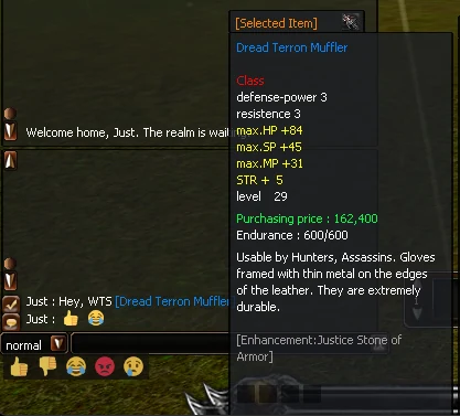 Justice Online chat showing a linked item with its full tooltip and the emoji bar