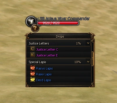 Justice Online selected-mob Drops panel showing rates and items