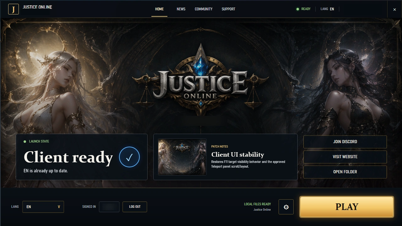 Justice Online launcher showing the client-ready state