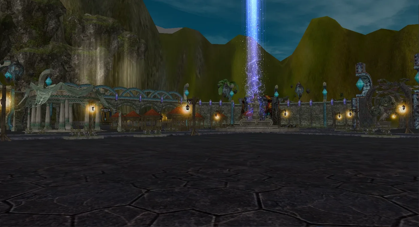 Justice Market town square with market stalls and a central fountain
