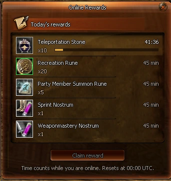 Justice Online Online Rewards window with five daily rewards