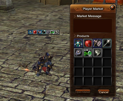 Justice Online Player Market showing item preview icons above a player shop