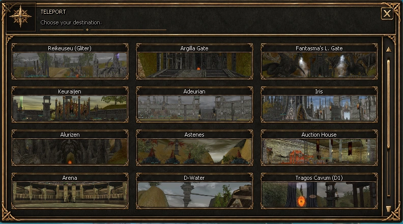Justice Online Teleport panel with destination previews